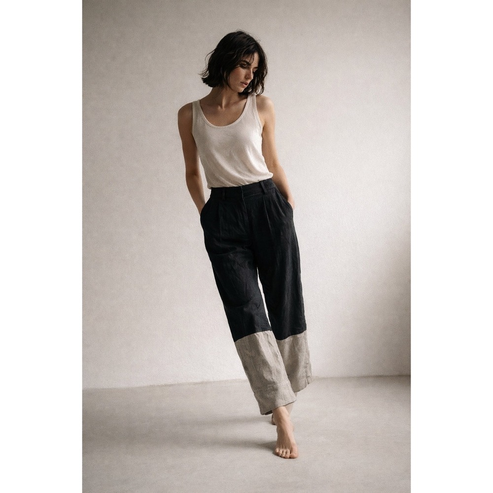 Annette Gortz Women's Colorblock‎ Gray Relaxed Linen Pants Lagenlook- Size 6
